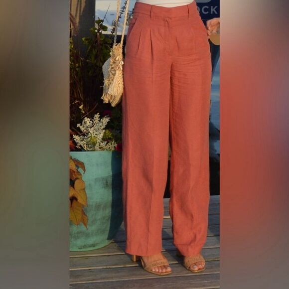 Aritzia Wilfred Effortless Linen Wide Leg Pant Warm Sienna Red- Size 0 - Picture 2 of 12